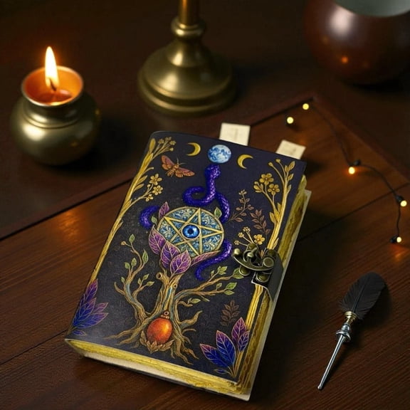 Handmade Leather Journal with Mystical Pentagram & Serpent Artwork – 5x7 Inch Vintage Notebook, 200 Deckle Edge Pages, Antique Metal Lock
