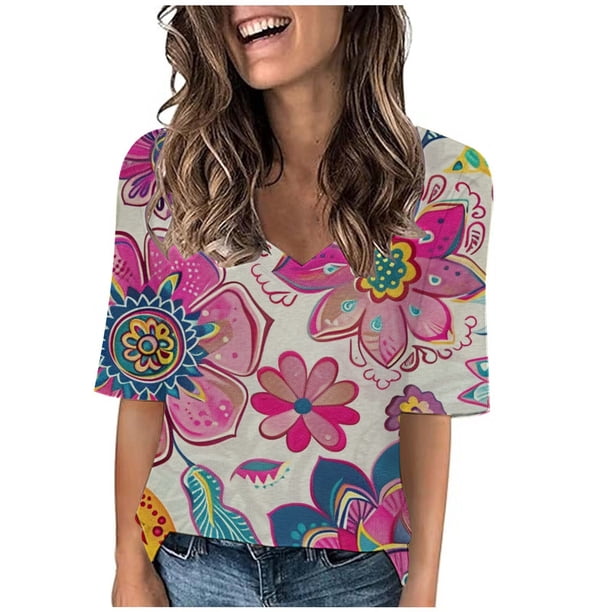 Camisetas Casuales de las Mujeres Impresas Manga Corta Cuello en V, Camiseta Ligera para Diario, Fiesta Y Primavera Verano