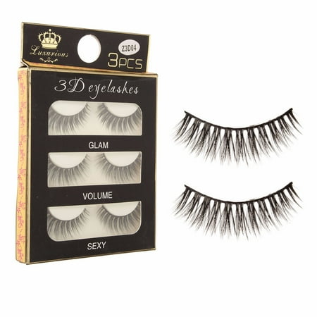 Natural False Eyelashes - 3 Pairs 100% Black Real Mink Natural Cross Long Thick Eye Lashes False Eyelashes