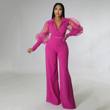 

Aayomet Jumpsuits for Women Summer Womens Jumpsuits Long Sleeve Mesh V Neck Casual Style Long Sleeve Rompers Wide Jumpsuits RD2 XL
