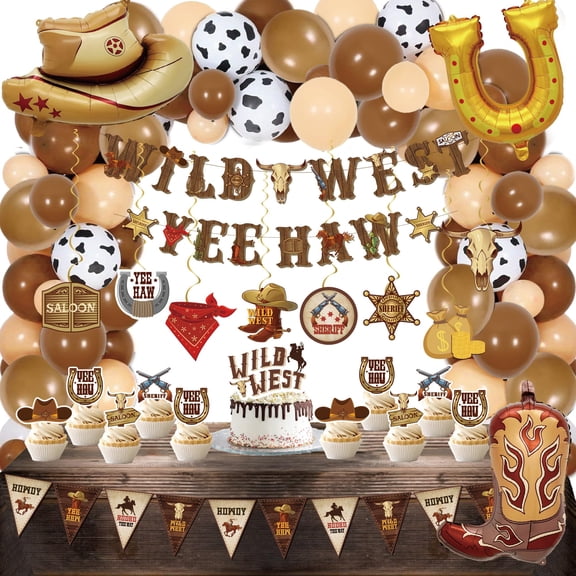 Western Party Decorations - 120PCS cowboy party decorations, Swirls Wild West Banners, Cowboy Boot and Hat Balloons,rodeo party Hanging Swirls for Boys Birthday Western Baby Shower Party Decor C113