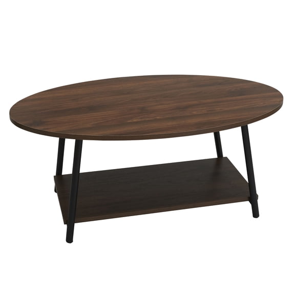 Household Essentials Modern Low Profile Oval Coffee Table with Lower Storage Shelf, Mid-Century Walnut