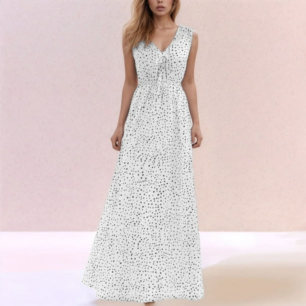 WILLBEST Vestidos De Verano Para Mujer Vestido Informal Sin Mangas Con Cuello En V Y Lunares Para Mujer, Estilo Bohemio, Fluido, Cómodo, Para Uso Diario, Atuendo De Vacaciones, Estilo Básico