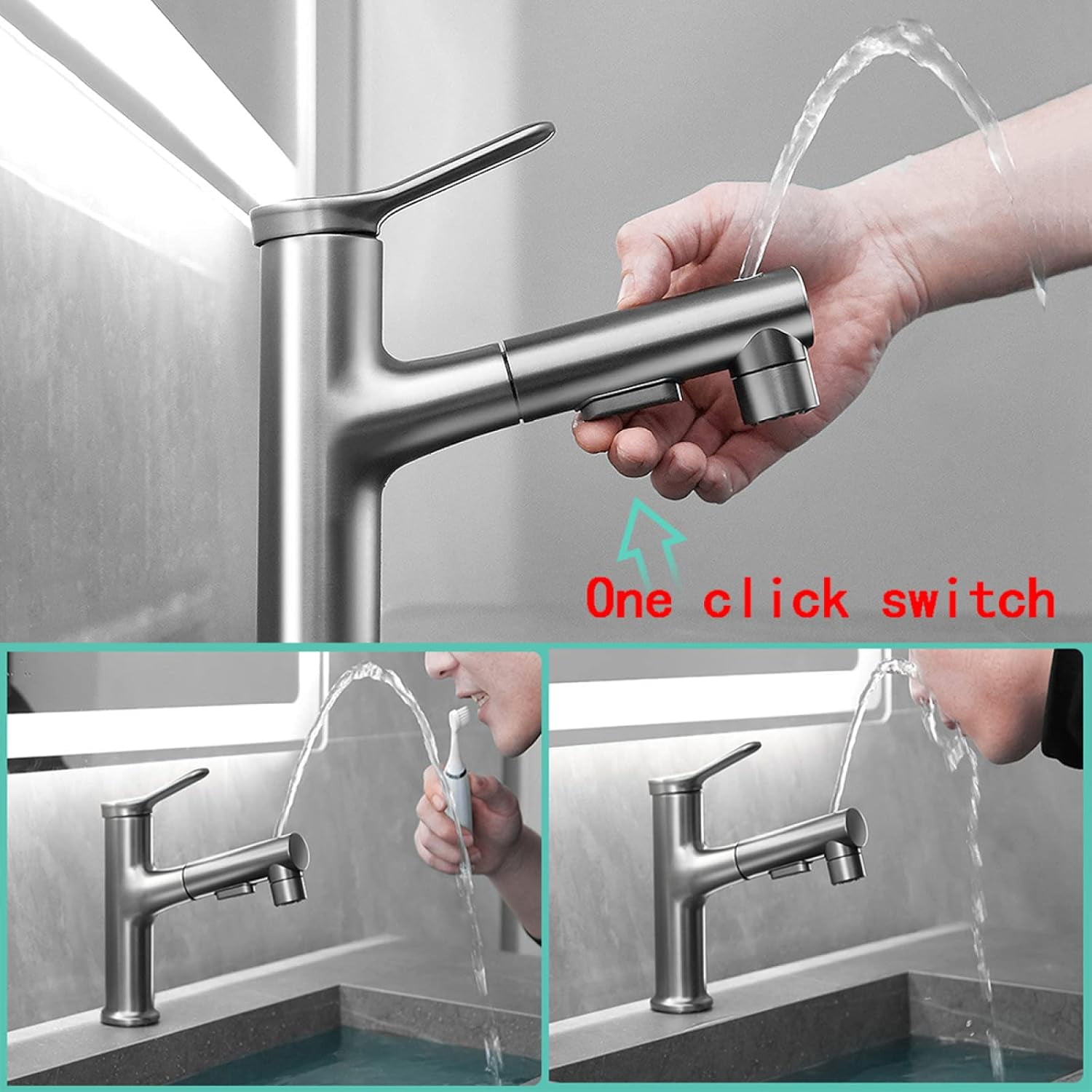 Pull Out Bathroom Faucet, Bathroom Sink Faucet with Sprayer Single Hole, Bathroom Basin Faucet for Hot and Cold Water, Bathroom Sink Faucet Single Handle Chrome,High
