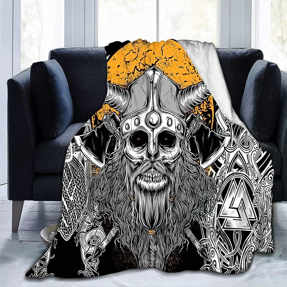 Viking Skull Blanket Nordic Runes Crow Knot Sherpa Wool Blanket Sofa Soft Warm Flannel for Traveling Camping Home Bedding Living Room SMR 1