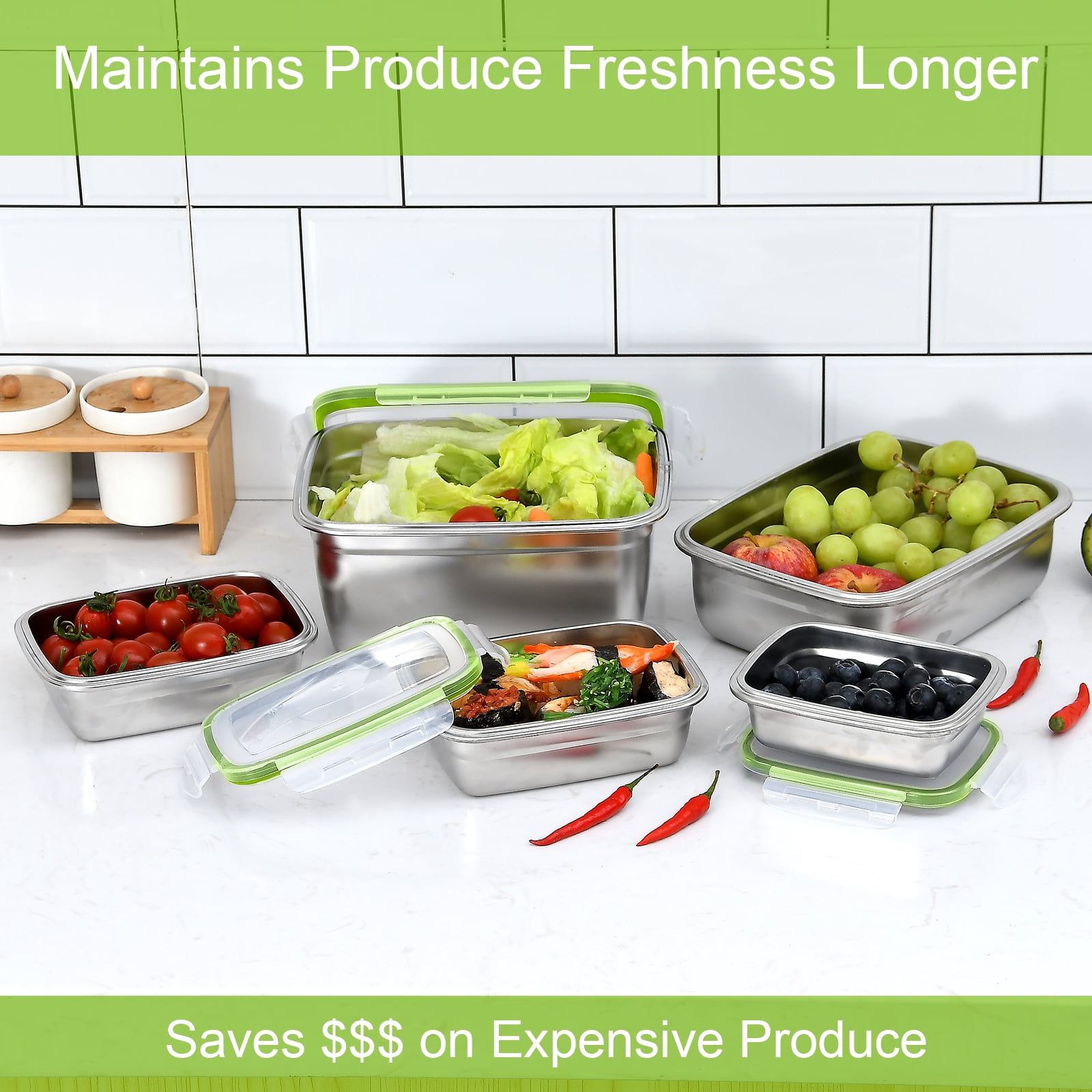 UPTRUST Stainless Stainless Steel Food Storage Containers | Leak Proof & Airtight Lids | Set of 5 Containers BPA Free that are Dishwasher & Freezer Safe, Green
