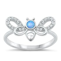 CHOOSE YOUR COLOR Clear CZ Blue Simulated Opal Honey Bee Ring .925 Sterling Silver Band White Female Size 9