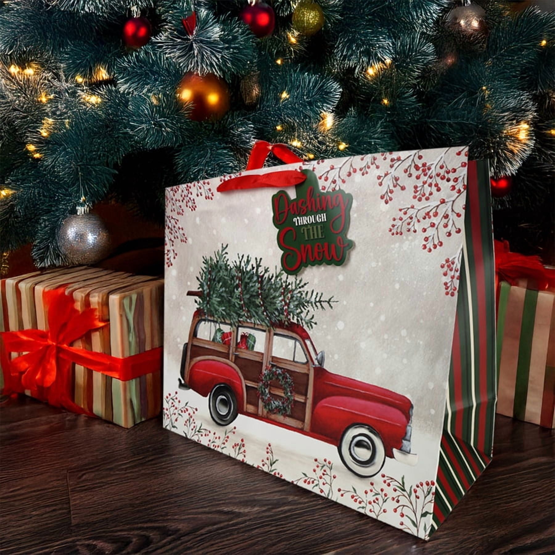 Super Jumbo Red and White Vintage Car Christmas Paper Gift Bag, 22" x 8.67" x 17", by Holiday Time