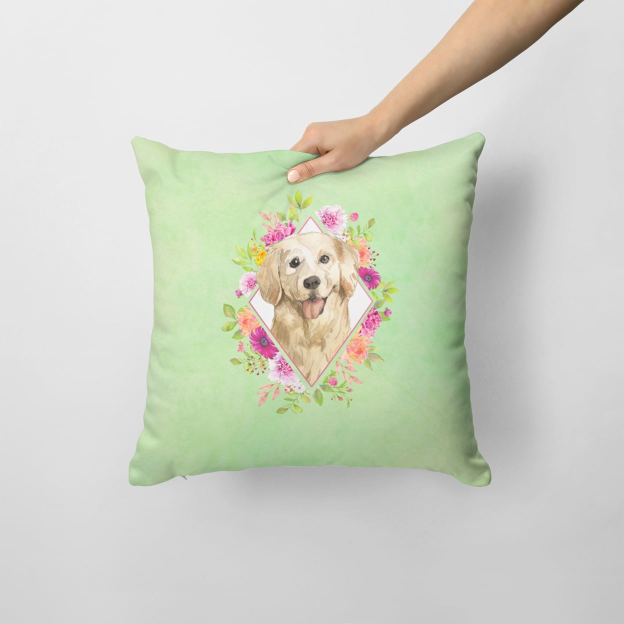 Golden Retriever Green Flowers Fabric Decorative Pillow