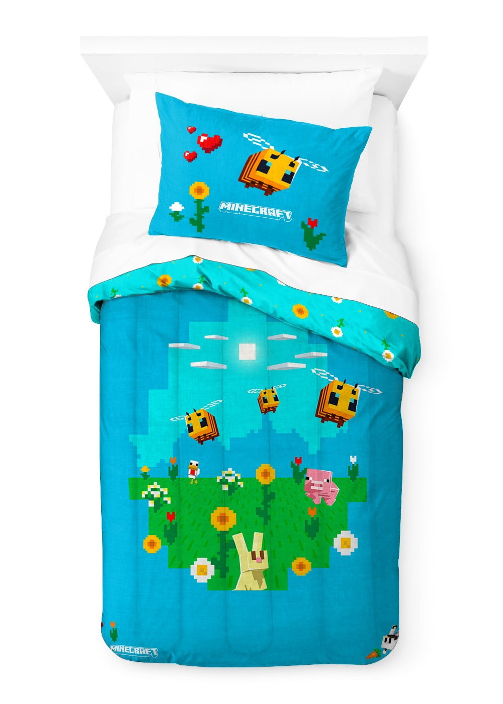 Minecraft Bees Knees Kids 2-Piece Twin/Full Reversible Comforter and Sham Bedding Set, Microfiber, Blue, Mojang, Gaming Bedding