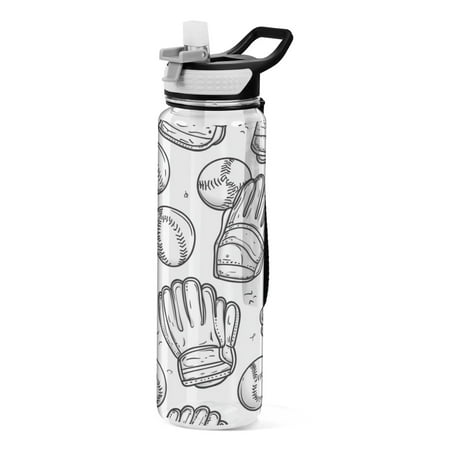 

32oz Transparent Sports Water Bottle with Straw BPA Free Tritan for Kids Adults Outdoor School Gym Fitness Baseball Gloves and Balls