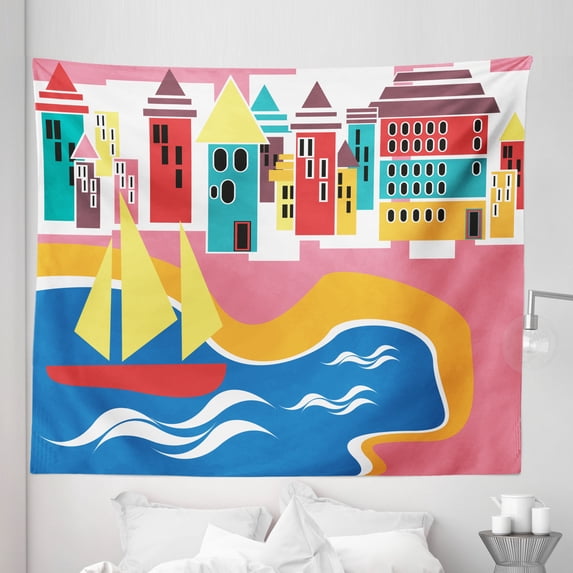 Cityscape Tapestry, Colorful Modern Art of Summer Houses Cartoon Style Mediterranean Illustration, Fabric Wall Hanging Decor for Bedroom Living Room Dorm, 5 Sizes, Multicolor, by Ambesonne