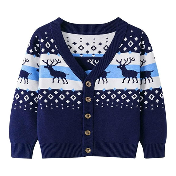 Zwiiyzr Unisex Toddler Baby Boy' Girls' Cardigans Sweater Christmas Snowflake Deer V-Neck Long Sleeve Button Knit Sweaters for 2-7 Years Blue