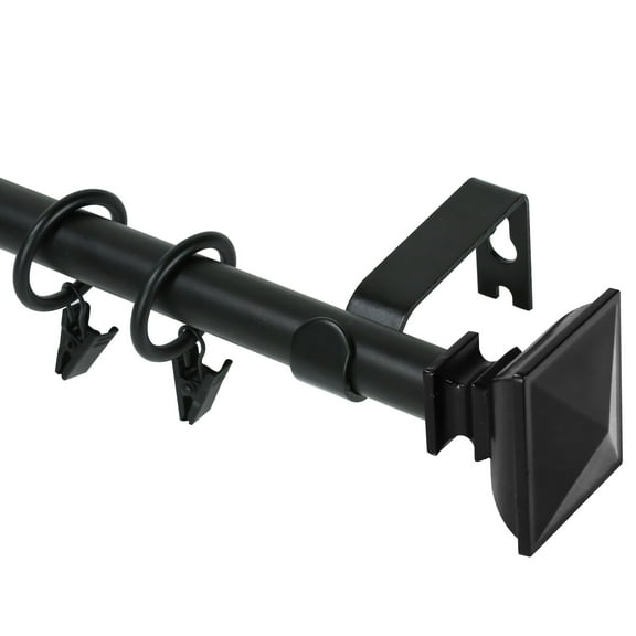 Urbanest Single Curtain Rod with 8 Clip Rings & Decorative Square Urn Finials – Classic Metal Window Drapery Rod Set, Heavy-Duty & Adjustable, 5/8" Diameter, 28" to 48", Matte Black