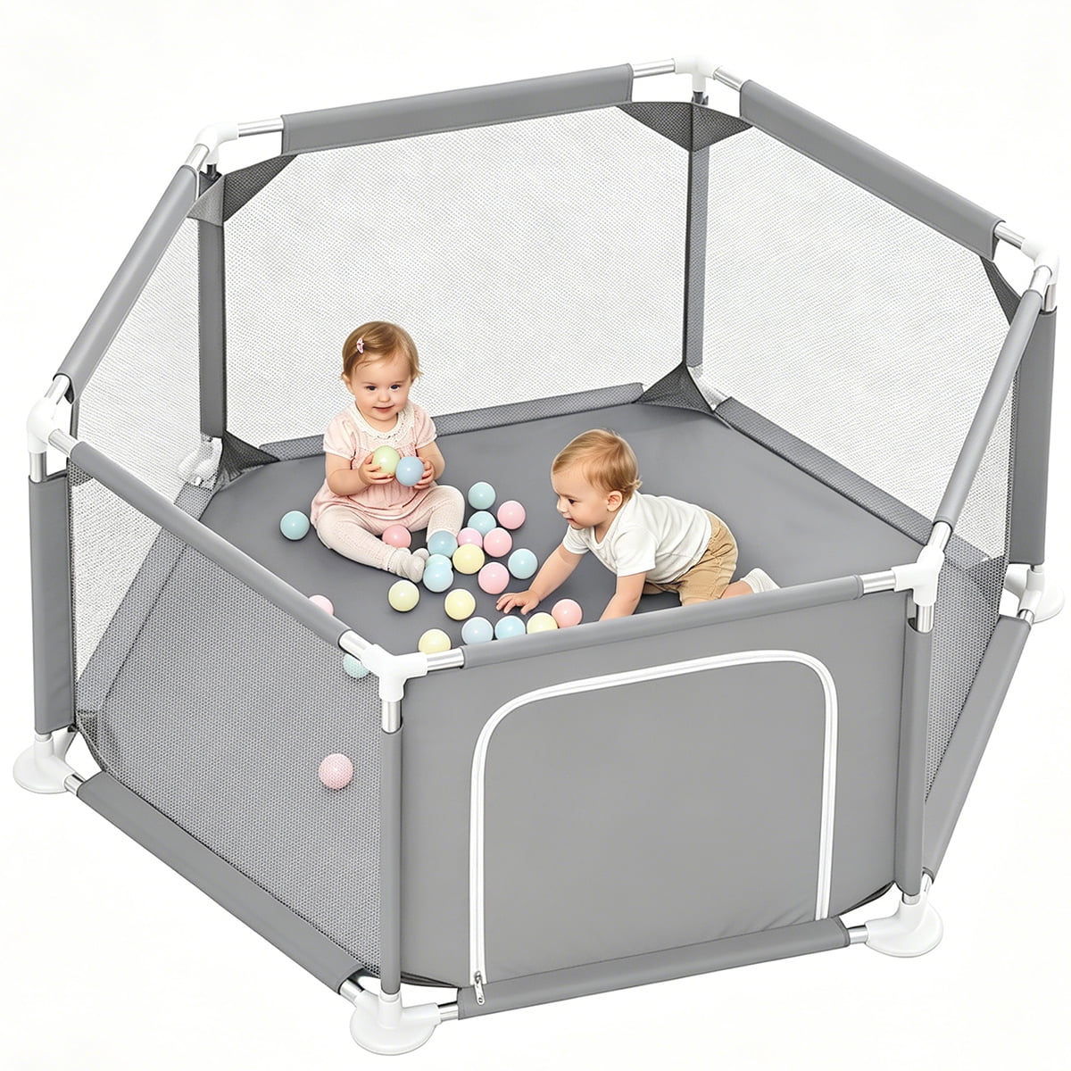 Baby Playpen, Travel Baby Playards, Baby Play Yard, 6Panels Portable Infant Play Game Area,Gray