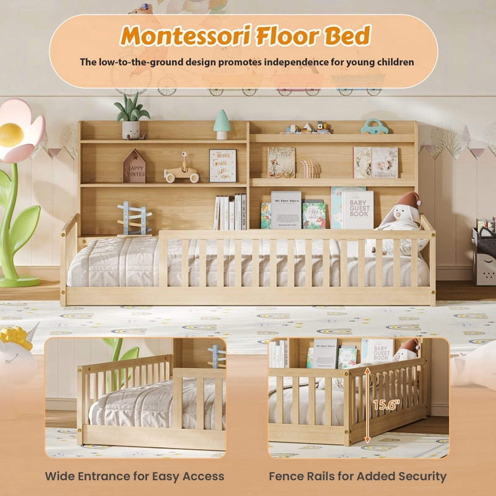 Twin Size Kids Montessori Floor Bed with Bookshelf & Safety Guardrail, Wood Low-Profile Platform Bed Frame with Slats