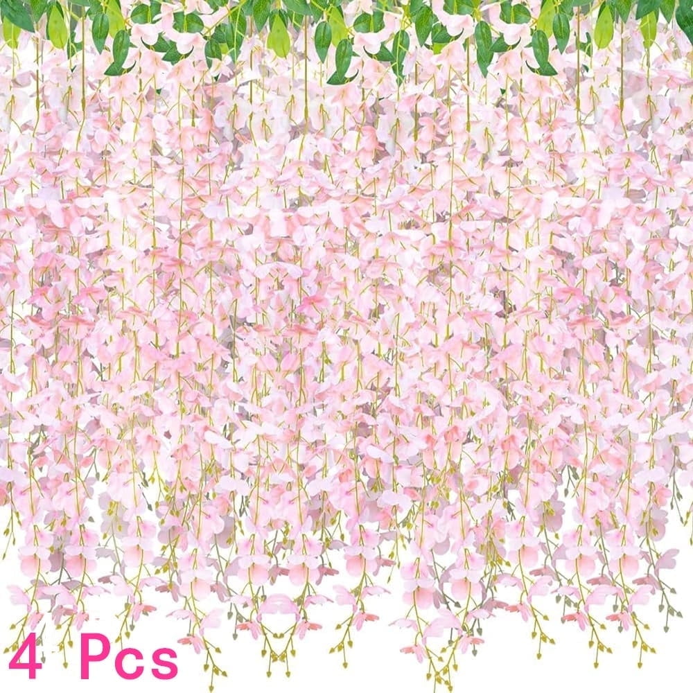 4 Pcs Artificial Wisteria Flowers 6 Feet/Piece, White Artificial Fake Wisteria Vine with 20 Pcs Wall Clips for Climbing Plants, Hanging Garland Silk Flowers String Home Party Wedding Decor