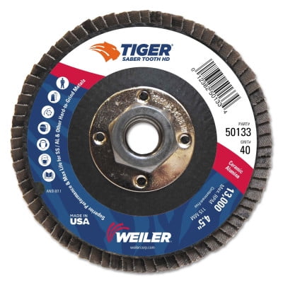 

Tiger® Saber Tooth™ Ceramic High Density Abrasive 4-1/2 in Dia 40 Grit 5/8 In-11 Unc Nut 13 000 Rpm Type 27