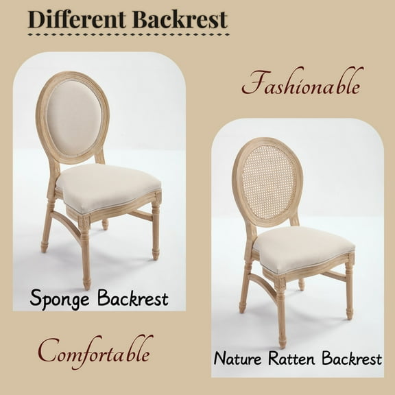 French Country Dining Chairs Set of 2, Upholstered Chairs with Nature Rattan Round Back, Wire drawing and carving techniques ,Disassemblable and Stackable, for Living Room, Kitchen , Restaurant Use