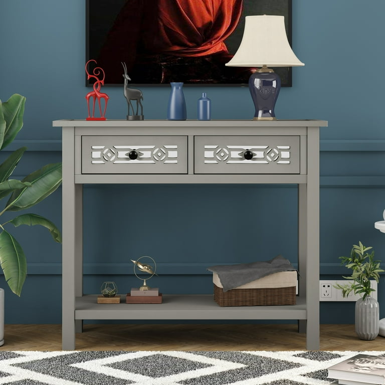 35 Inch Modern Narrow Console Sofa Table with Hollow Out Decoration Two Top Drawers and Open Shelf Large Storage Space for Living Room Entryway