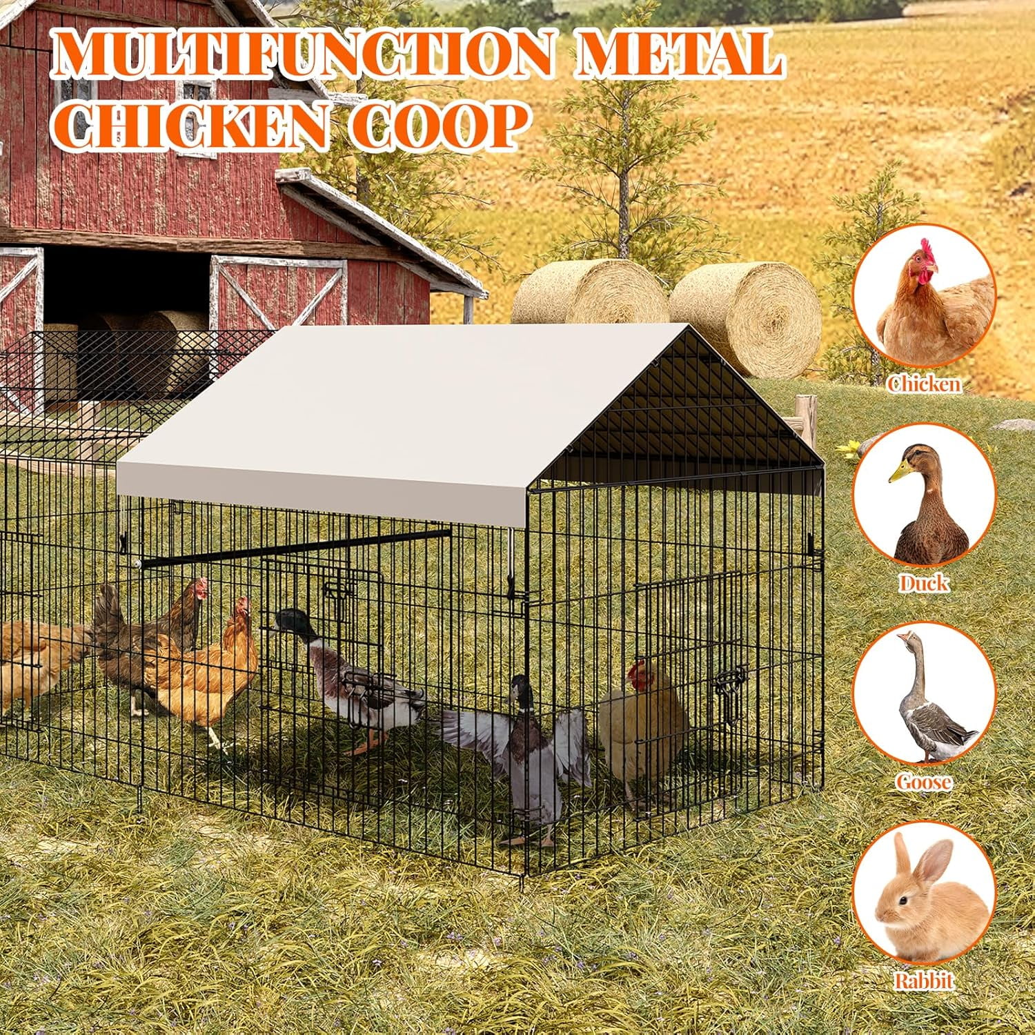 Metal Chicken Coop,86"×40"×40" Chicken Run with Waterproof Cover Portable Poultry Cage Walk in Hen House Outdoor Backyard Farm Animal Enclosure Crate Pet Playpen Exercise Pen for Rabbit Duck Hen