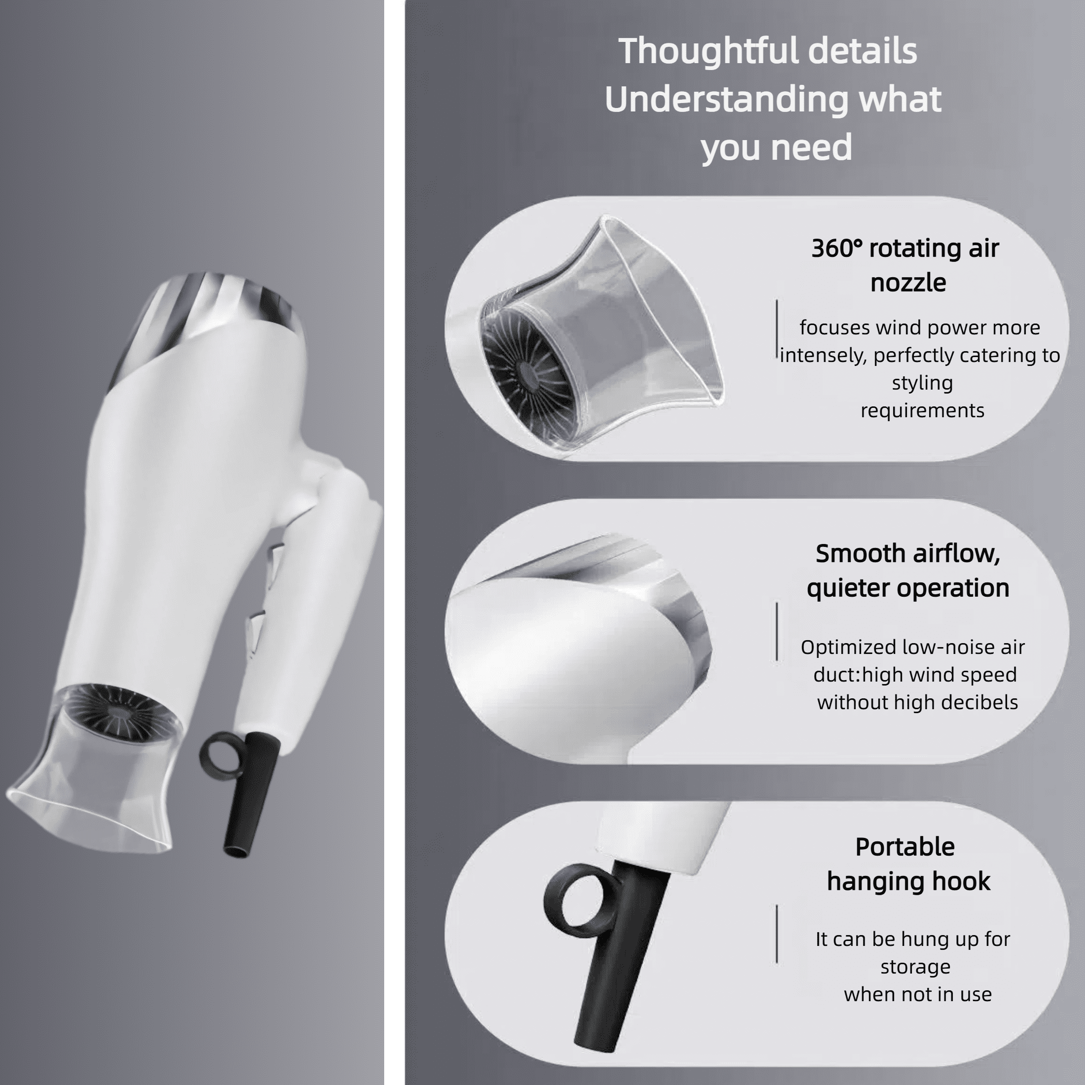 Foldable Hair Dryer with 8 Accessories | Compact Design for Home & Travel | Fast Drying Gift Set for Women/Men，White