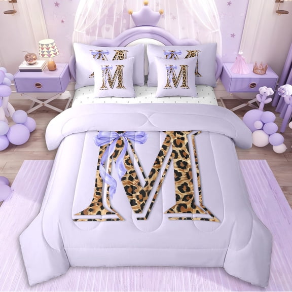 Erosebridal Purple Bowknot Letter Monogrammed M Bedding Comforter Set 7pcs For Girls,Teens Animal Leopard Print Queen Bedding Sets,Super Cozy Room Decor