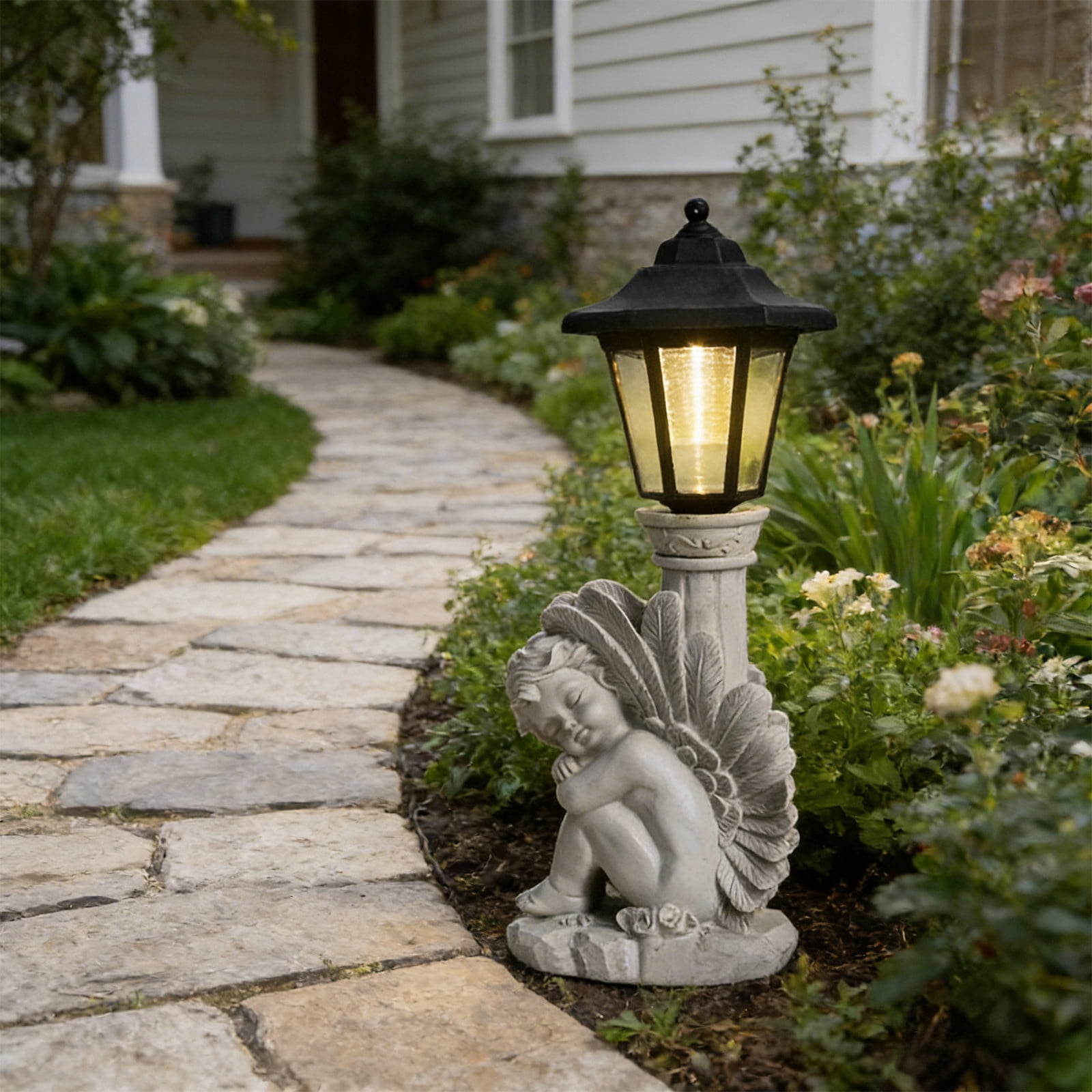 Angel Statue with Solar Lights 14.1Inch, Solar Cherub Angel Garden Statue Resin with Roma Pillar for Garden Decor, Porch, Patio, Yard Art Decoration A