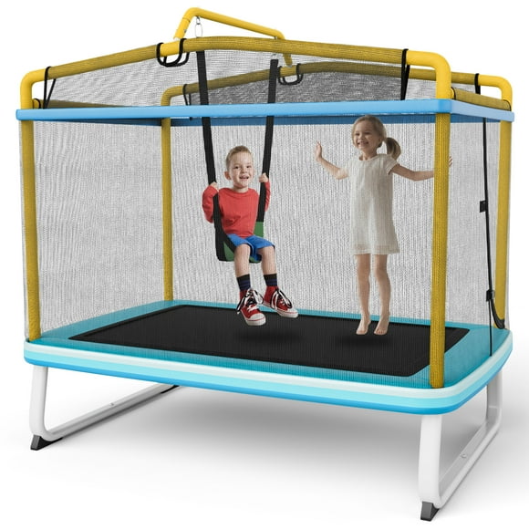 Topbuy 3-in-1 Kids Trampoline w/ Swing & Horizontal Bar 6FT Outdoor Indoor Rectangle Toddler Trampoline w/ Enclosure Safety Net Yellow
