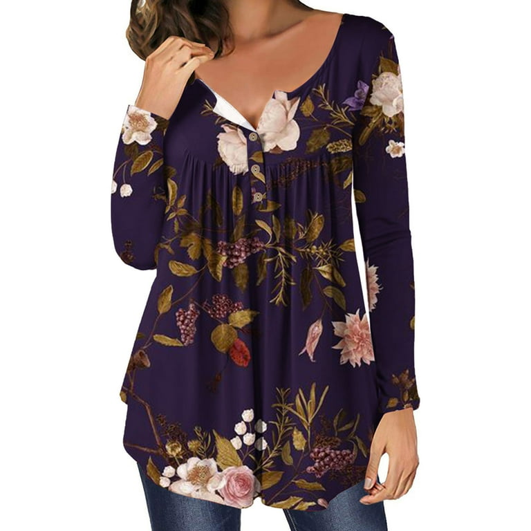 Women s Long Sleeve Tunic Tops To Wear With Leggings Flare Casual Loose TShirts Button up Flowy Floral Print Blouses Walmart