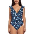 thumbnail image 2 of Goofa Sea Sharks Print Women's Ruffled One Piece Swimsuit V Neck, 2 of 7
