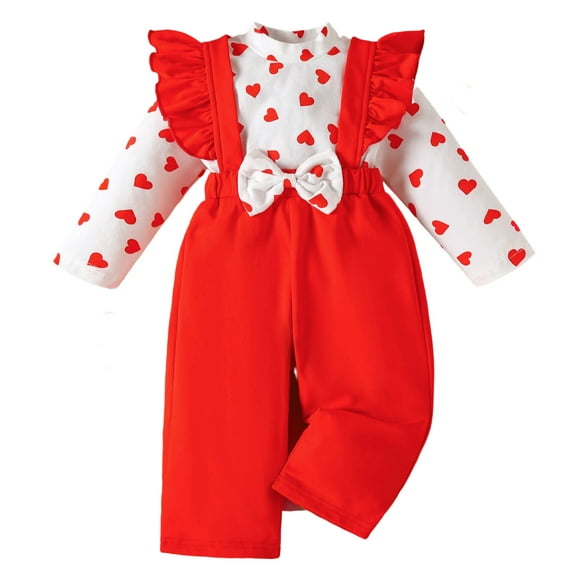 KHONTS Baby Girl Outfits Heart Printed Romper Long Sleeve Ruffled Valentines Bodysuit Jumpsuit, 2 Piece, Sizes 3-18M