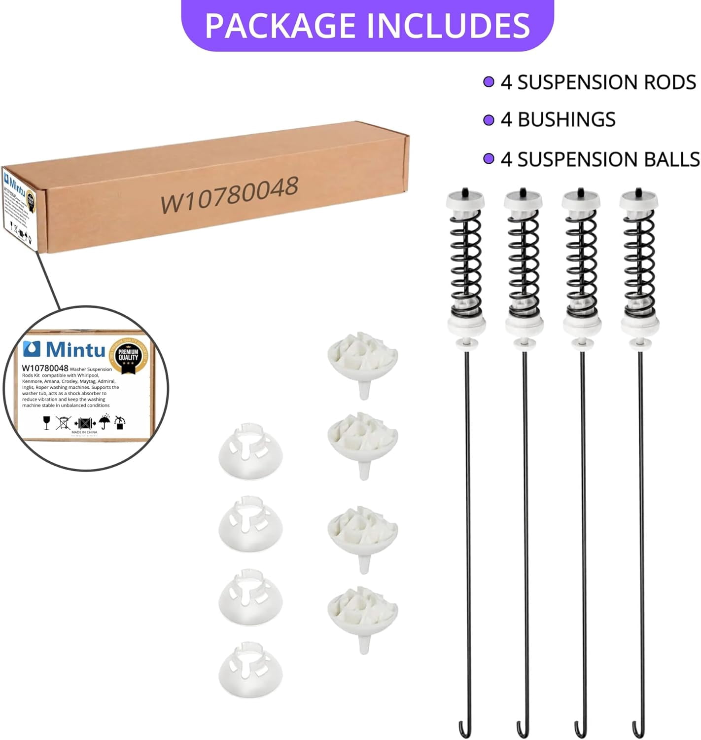 Washer Suspension Rod Kit W10780048 W10257088 W10349191  Replacement for Whirlpool, Maytag, Kenmore, Amana, Admiral – 4 Rods with Springs & Bushings