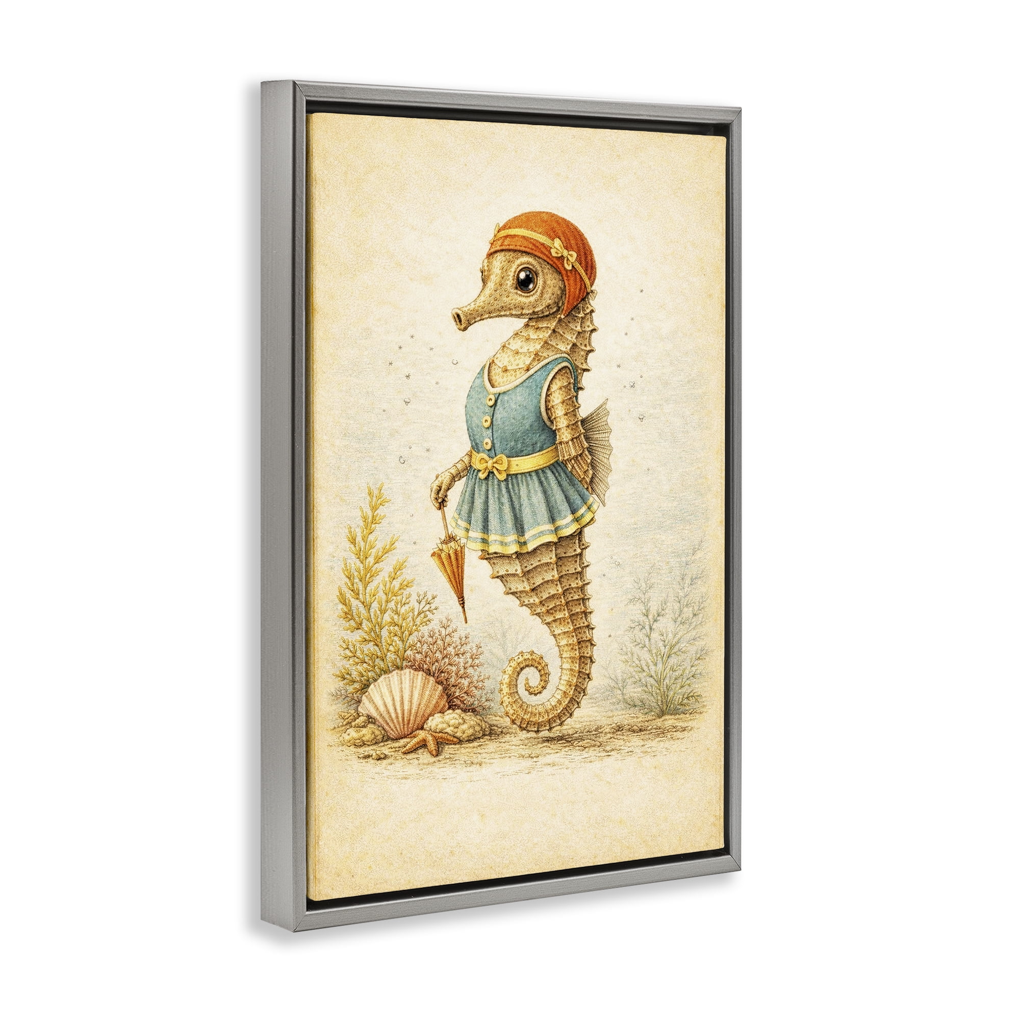 Stupell Industries Maritime Bathing Society Seahorse Gray Framed Floater Canvas Wall Art, design by Grotto Studios