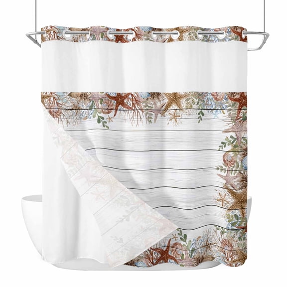 Orange Coastal Starfish No Hook Shower Curtain with Snap in Liner, Waterproof Fabric Shower Curtains, Summer Ocean Sea Corals Wood Grain Shower Curtain Set Top See Through for Bathroom 72"x78"