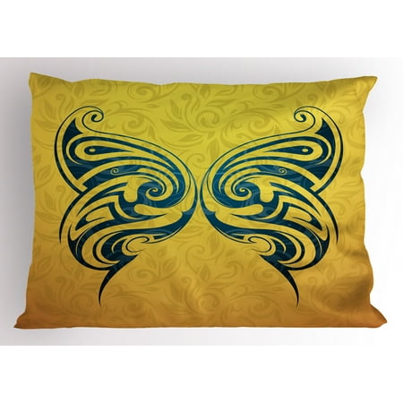 Tattoo Pillow Sham Blue Colored Tribal Designed Free Butterfly