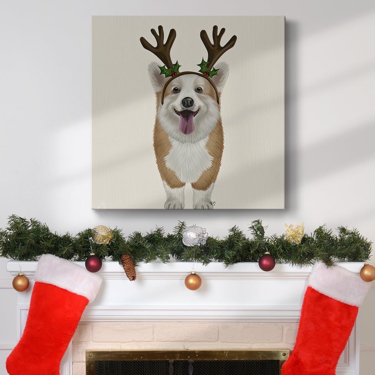 Corgi Christmas Antlers- Gallery Wrapped Canvas