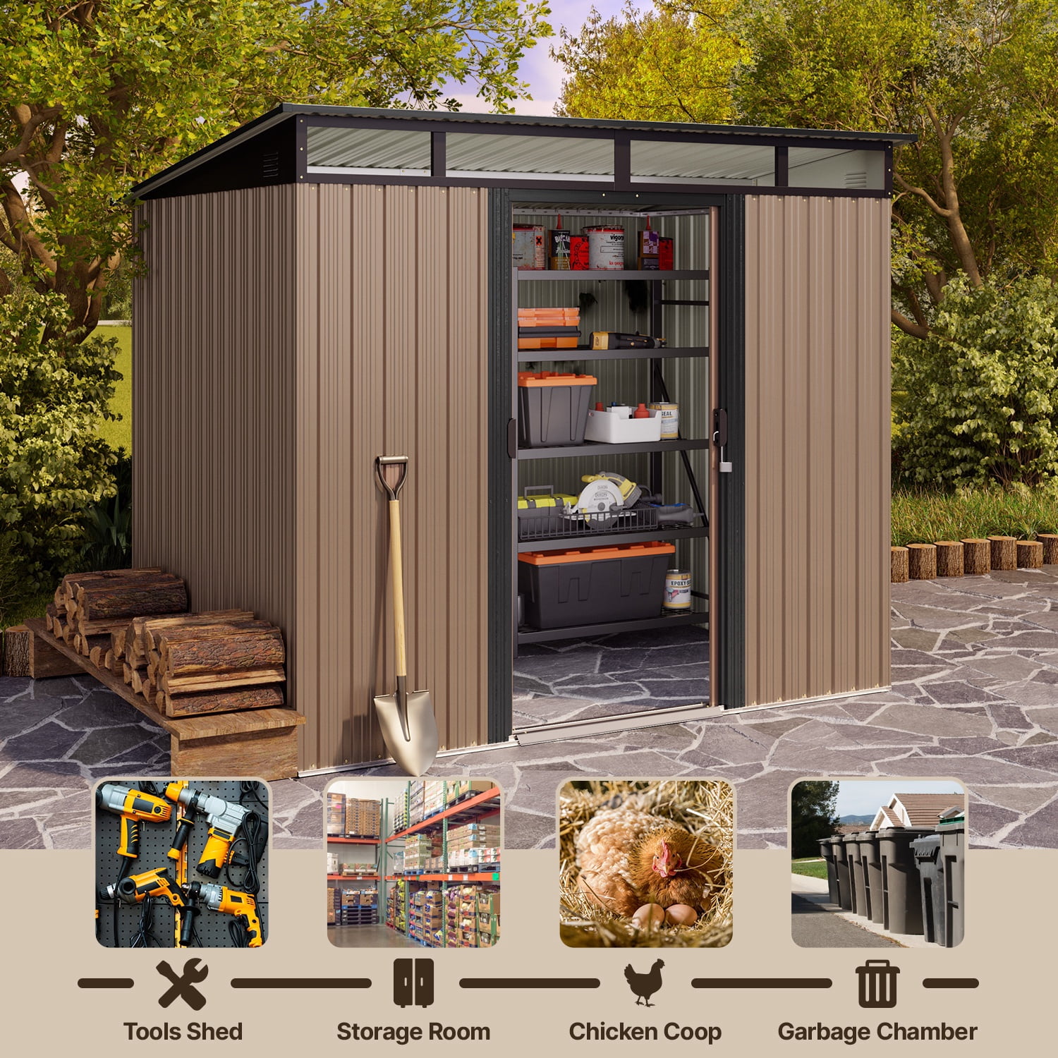 Outdoor Storage Shed, Asofer 8'x6' Metel Shed with Sliding Doors for Patio, Brown