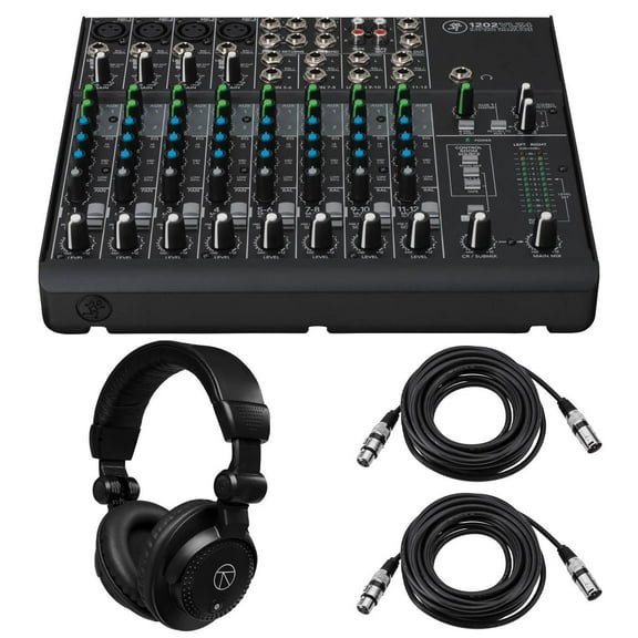 Mackie 1202VLZ4 12-Channel Compact Analog Mixer, Bundle with TAPH100 Headphones and 2x 25' 3-Pin XLR Microphone Cable