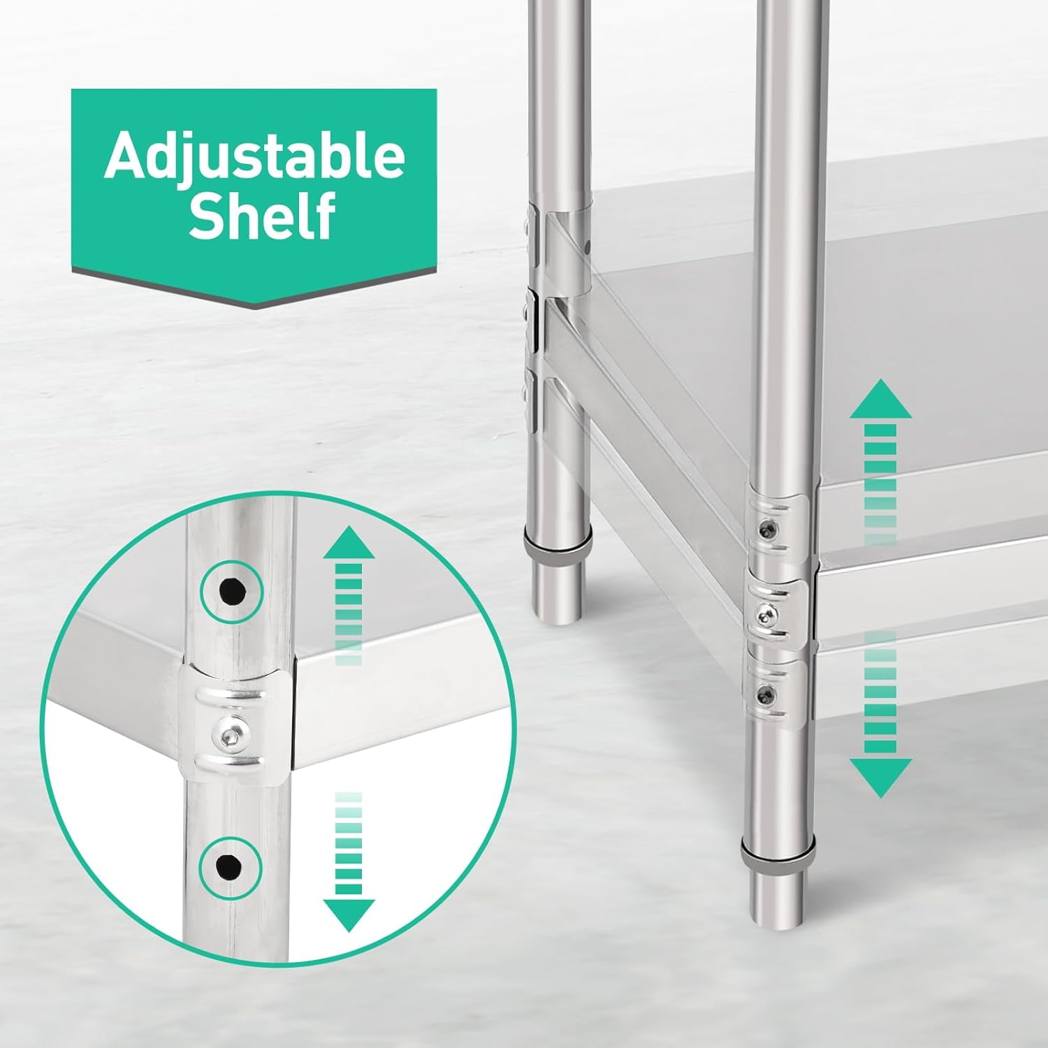 OUTGOODS Stainless Steel Work Table, NSF Commercial Grade, Adjustable Shelf, Silver