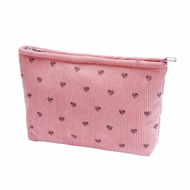 Bolsa de maquillaje de pana con estampado de corazón, bolsa de cosméticos portátil con cremallera, bolsa de maquillaje, organizador de artículos de tocador para mujeres y niñas.