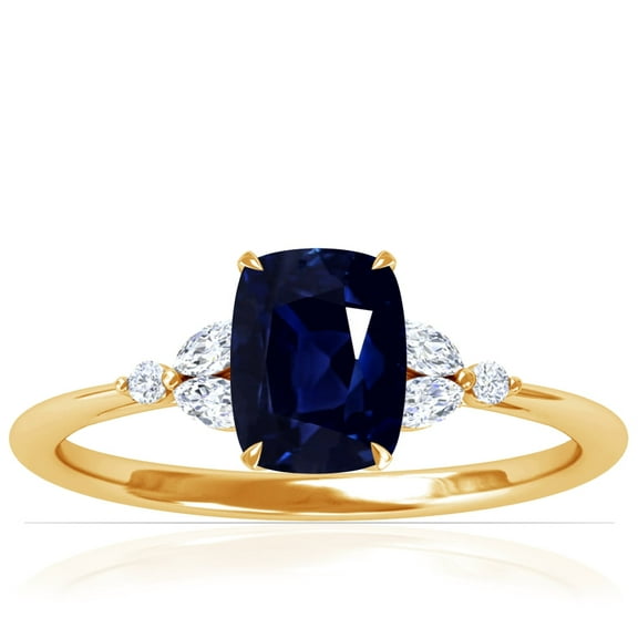 GemsNY September Birthstone - Petite Rectangle Cushion Blue Sapphire Ring with Round and Marquise Side Diamonds For Women (Grade - AA | 1.53cttw)