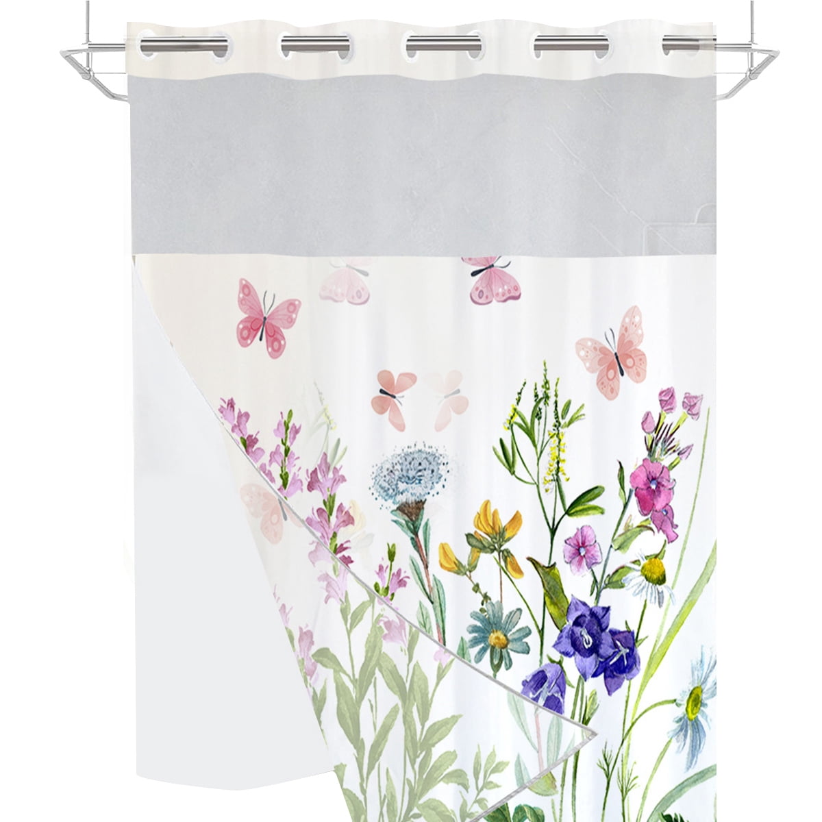 Dznils White No Hook Fabric Shower Curtain with Snap-in Liner, 72" x 74", Pink Floral Patterned
