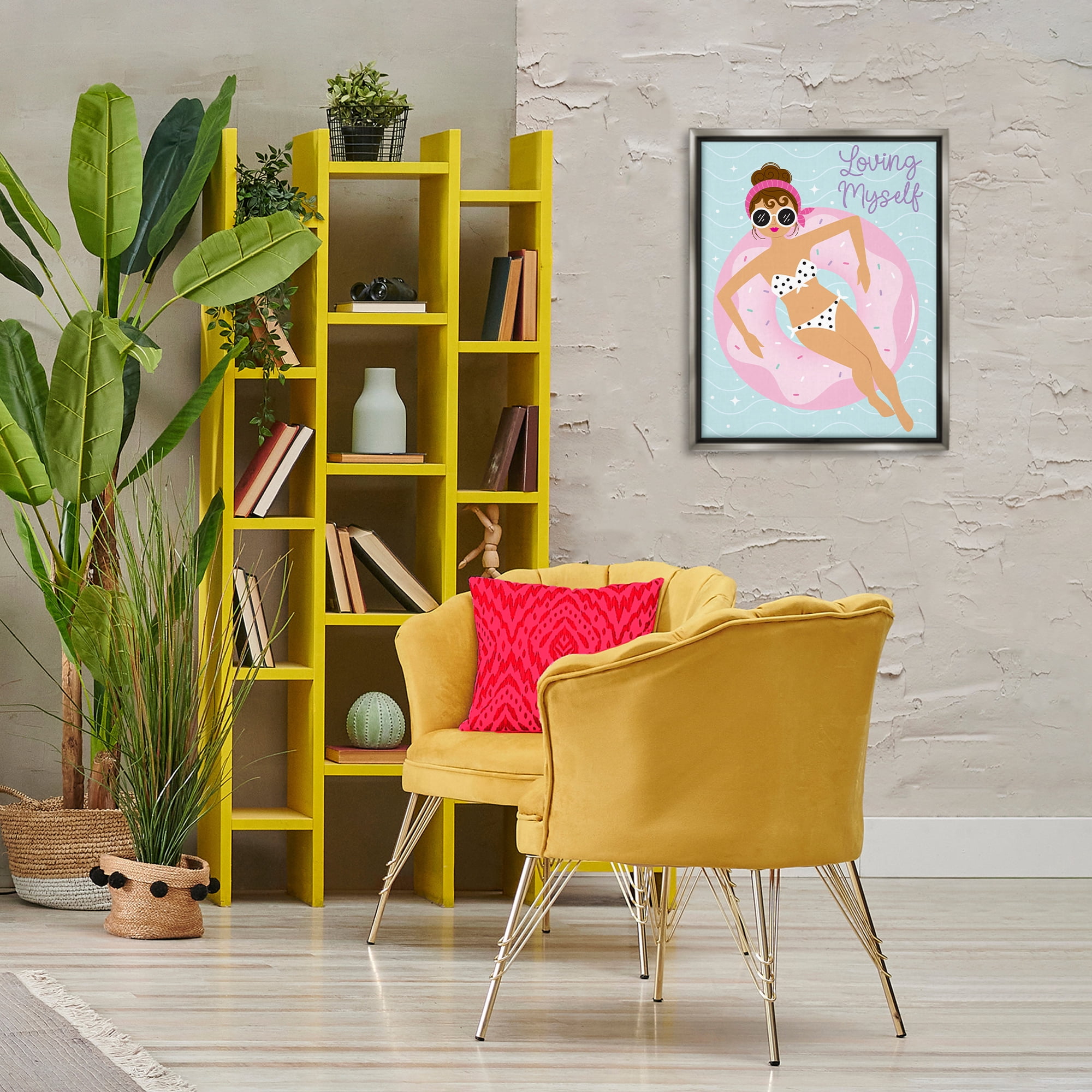 Stupell Industries Loving Myself Girl in Pool People Painting Gray Floater Framed Canvas Art Print Wall Art, 17 x 21