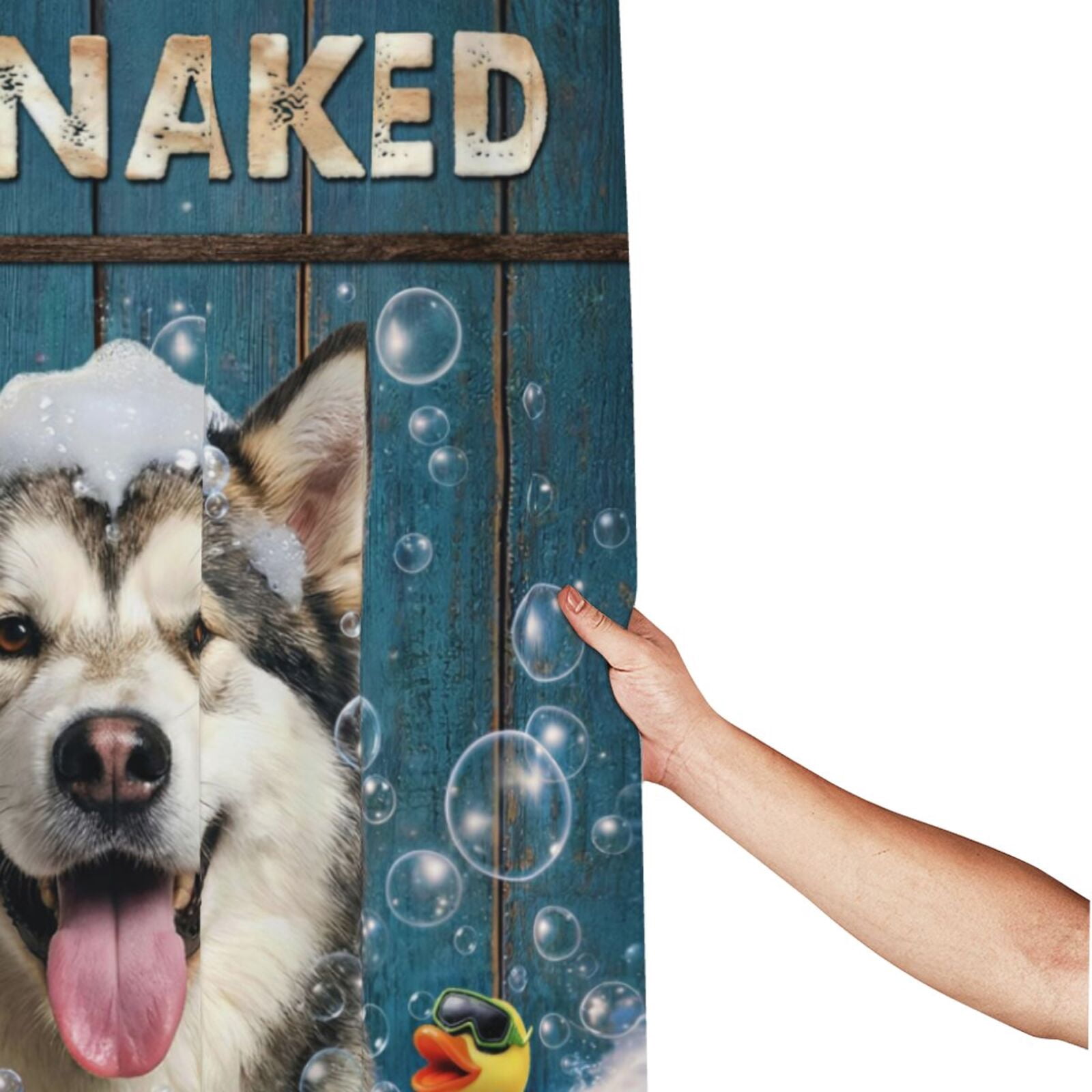 Funny Alaskan Malamute Shower Curtain - Get Naked Humorous Bath Decor, Waterproof Fabric, Cute Dog in Bubbles with Duck, Bathroom Accessory for Dog Lovers - 60"x72"