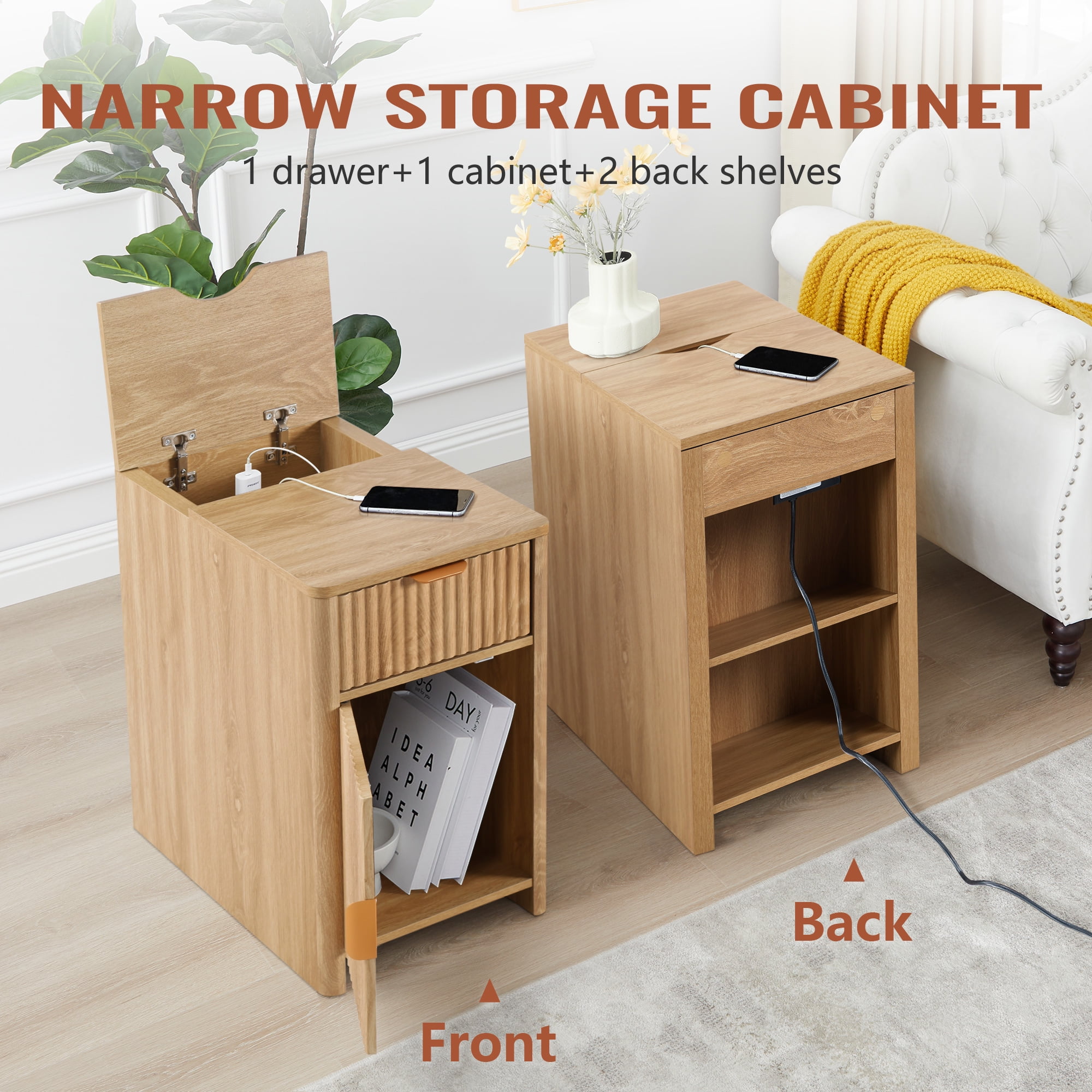 YOCWO Fluted Narrow Nightstand with Charging Station for Bedroom, Wood End Table with Drawer and Door for Living Room, Beige