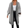 thumbnail image 3 of Women's Trendy Argyle Striped Knit Cardigan Open Front Long Sleeves Mid Long Sweater Coat Gray XL, 3 of 10