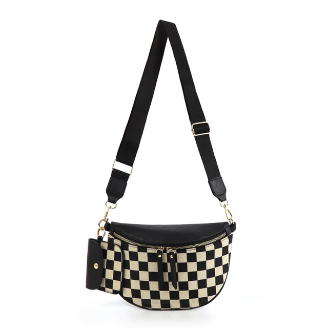 Bandolera para mujer, riñonera de lona a cuadros, color negro