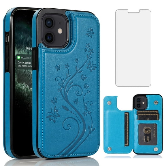 Asuwish Compatible with iPhone 12 Pro iPhone12 6.1 Wallet Phone Case Tempered Glass Screen Protector and Flower PU Leather Credit Card Holder Stand Cell Cover for iPhone12pro 5G i 12s 12pro Men Blue