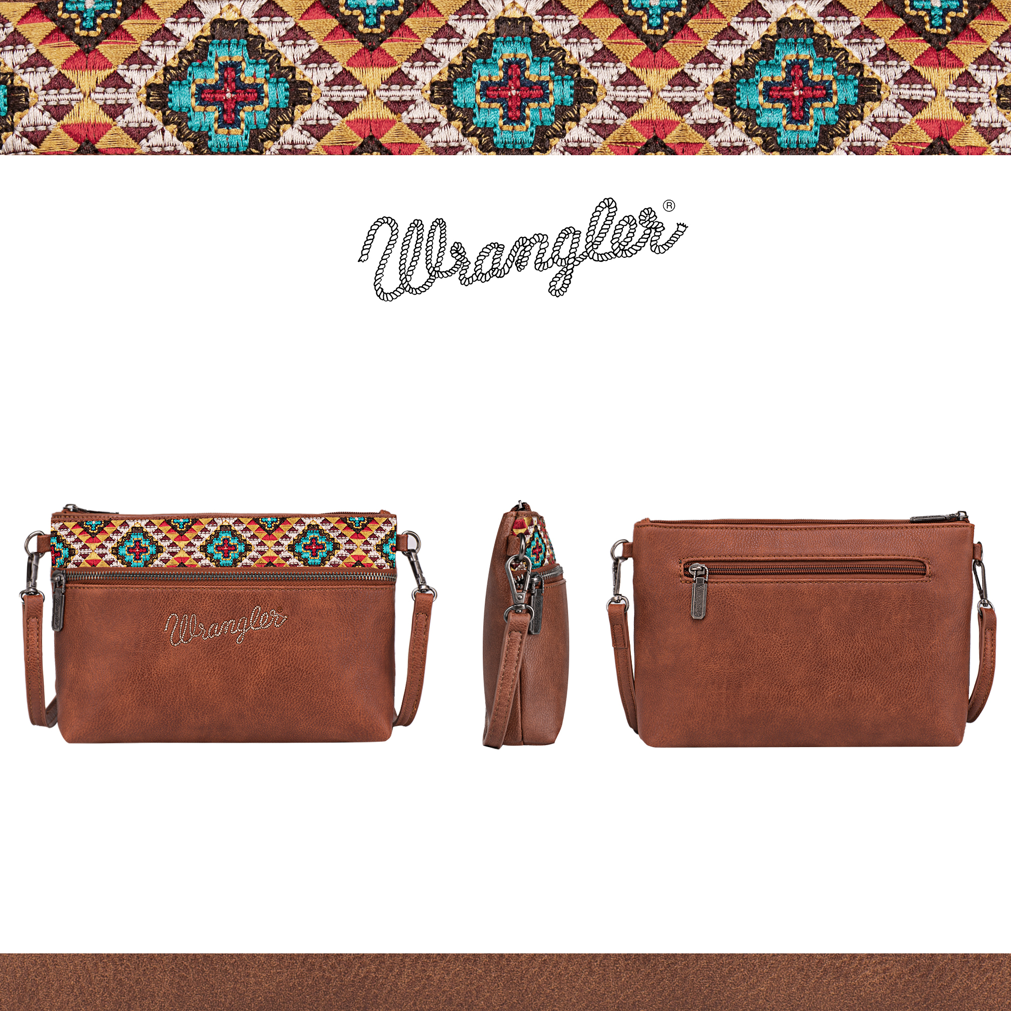 Wrangler Western Cowhide Crossbody Bags for Women Clutch Wristlet Purse, Embroidered-brown